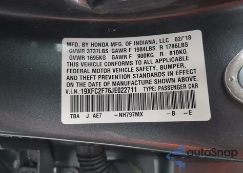 2018 Honda Civic Ex from USA, damaged, VIN 19XFC2F76JE022711
